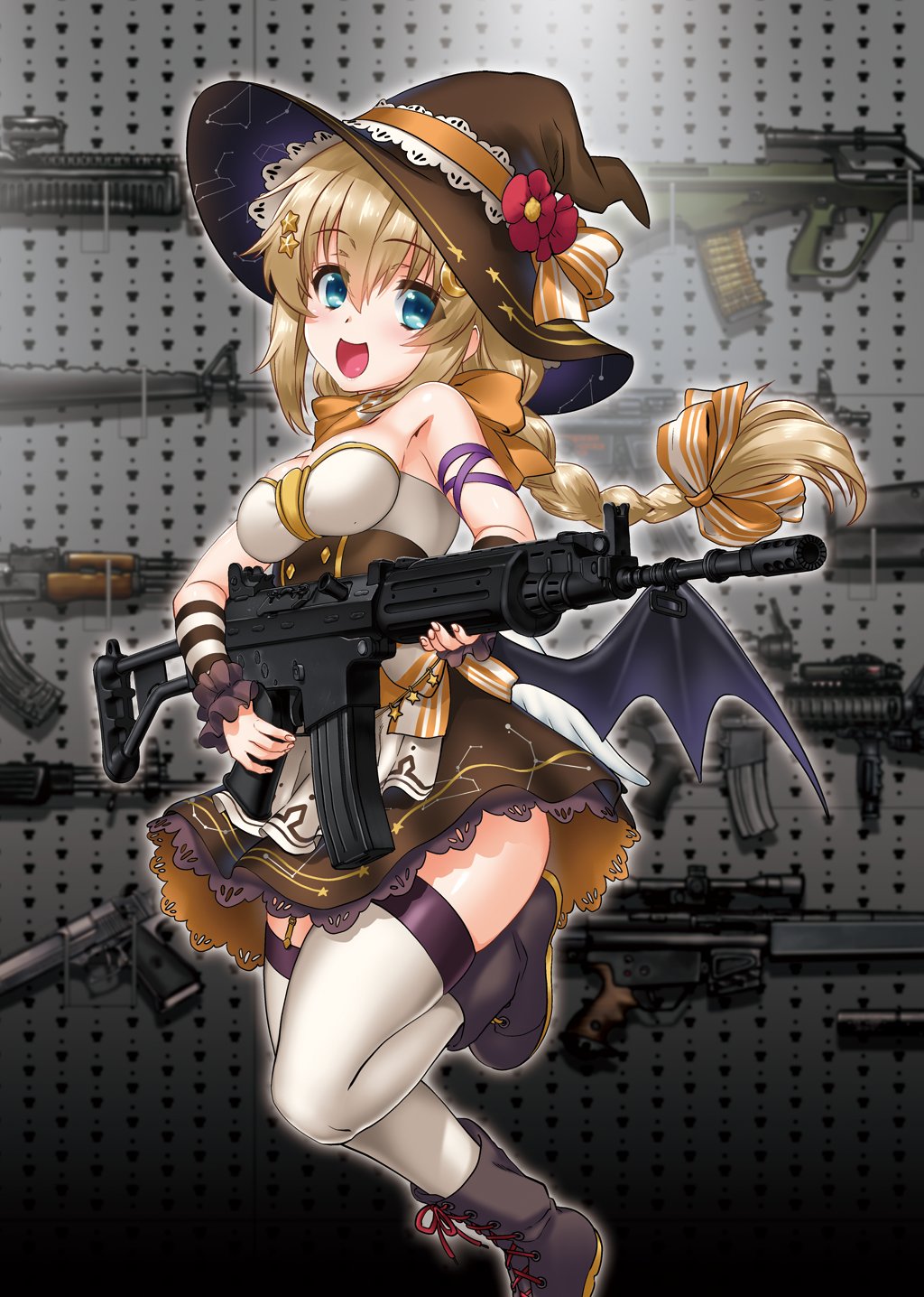 1girl ak-47 alternate_costume apron arm_warmers armory assault_rifle bangs bat_wings blonde_hair blue_eyes boots braid braided_ponytail breasts bullpup byeontae_jagga crescent crescent_moon_pin cross-laced_footwear desert_eagle dress fn_fnc fnc_(girls_frontline) garter_straps girls_frontline gun h&amp;k_mp5 hair_between_eyes hair_ornament hair_ribbon halloween halloween_costume handgun hat hat_ribbon highres holding holding_weapon knee_boots lace-up_boots layered_skirt leg_up light_machine_gun long_hair low_wings m16 m16a1 m60 open_mouth orange_scarf ponytail ribbon rifle scarf scope skirt sniper_rifle solo star star_hair_ornament steyr_aug strapless strapless_dress submachine_gun thigh-highs vertical_foregrip waist_apron weapon weapon_rack weapon_request wings witch_hat wrist_cuffs