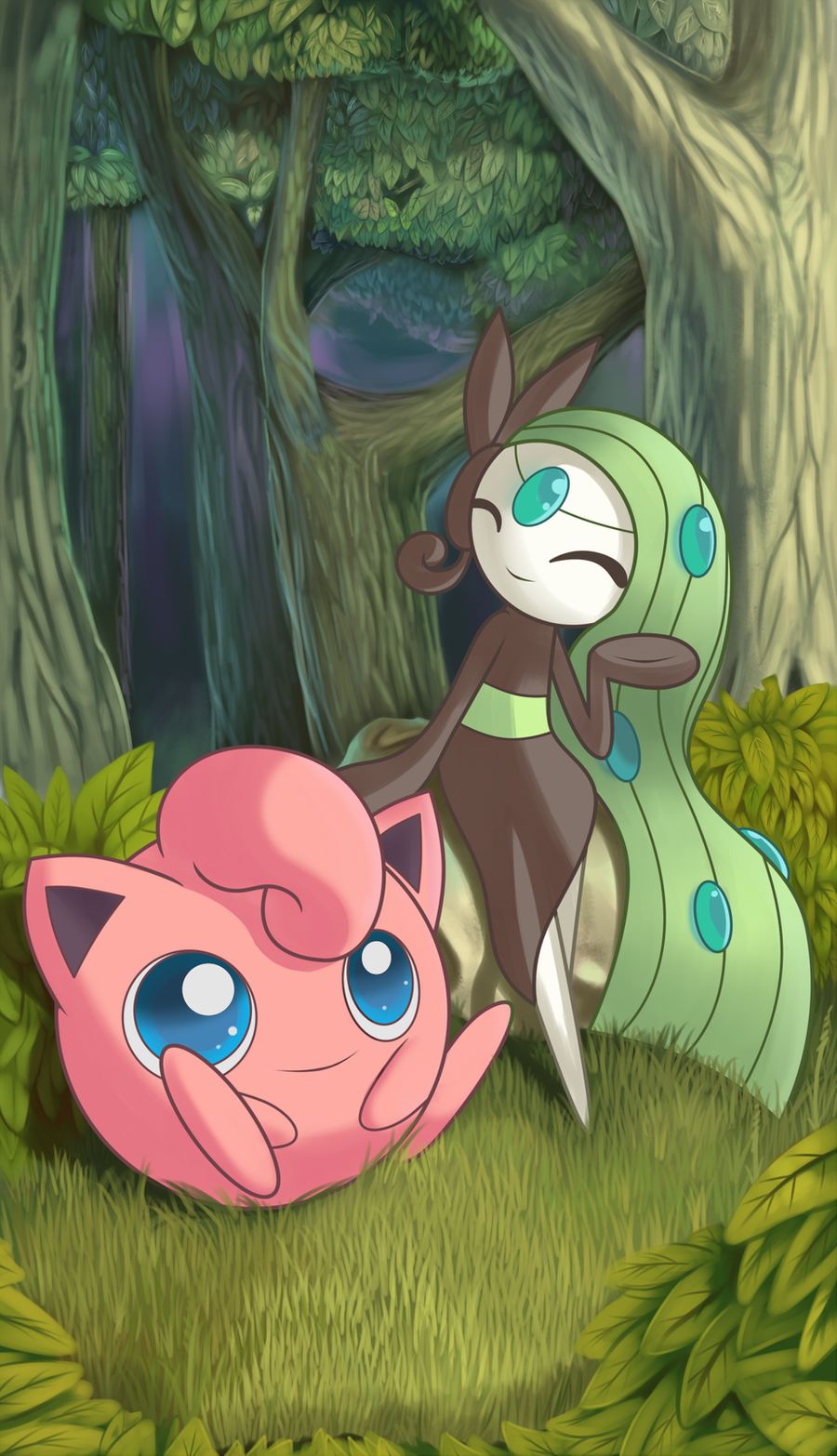 ^_^ blue_eyes closed_eyes collaboration creature facing_another forest full_body gen_1_pokemon gen_5_pokemon grass green_hair highres jigglypuff long_hair meloetta meloetta_(aria) nature no_humans pokemon pokemon_(creature) sitting smile the_boogie tree volmise