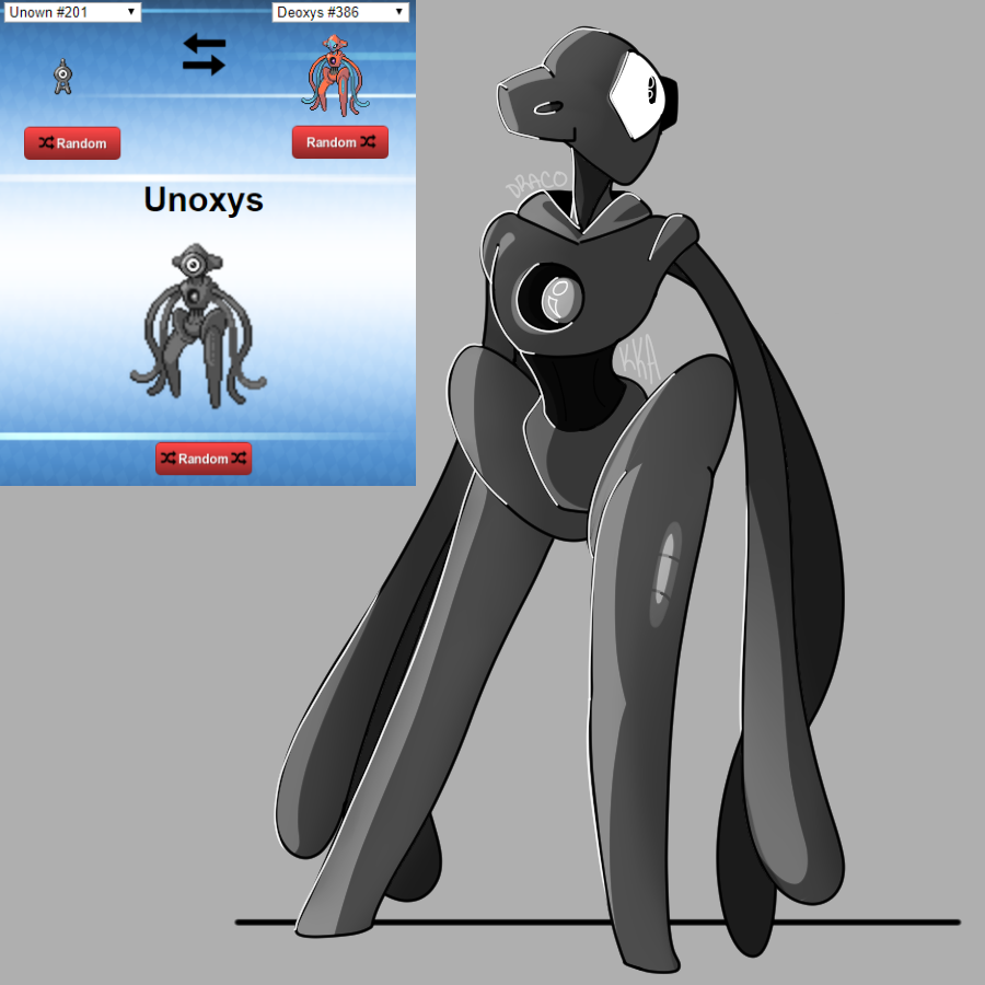 character_name creature deoxys deoxys_(normal) directional_arrow full_body fusion gen_2_pokemon gen_3_pokemon grey_background looking_to_the_side no_humans number pokemon pokemon_(creature) pokemon_number shadow signature simple_background single_eye standing tineyincubus unown unown_a