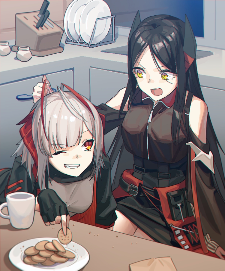 2girls arknights bangs bare_shoulders belt bent_over black_gloves black_jacket black_skirt character_request chinese_commentary clenched_hand commentary_request cookie crumbs drawer eyebrows_visible_through_hair fingerless_gloves food gloves grey_shirt grin holding holding_food horns indoors jacket kitchen knife looking_at_another multiple_girls one_eye_closed open_mouth orange_eyes plate pouch red_eyes red_jacket shirt short_hair short_sleeves sink sitting skirt sleeveless smile table teeth w_(arknights) window yellow_eyes zhili_xingzou