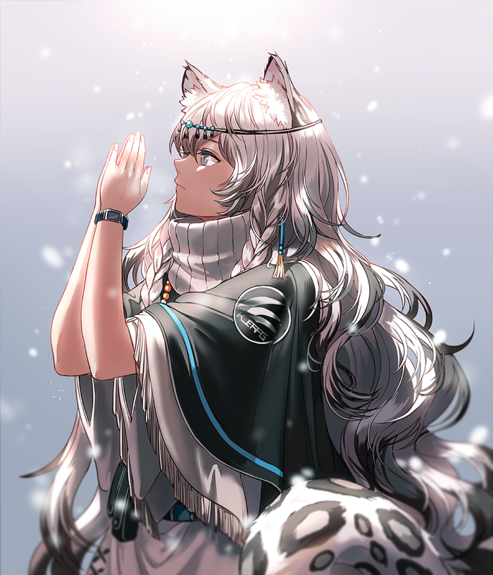 1girl animal_ear_fluff animal_ears arknights bangs black_cape cape commentary dress from_side gradient gradient_background grey_background grey_eyes hands_up head_chain leopard_ears leopard_tail long_hair own_hands_together palms_together pramanix_(arknights) profile silence_girl silver_hair solo tail turtleneck_dress upper_body white_dress wide_sleeves