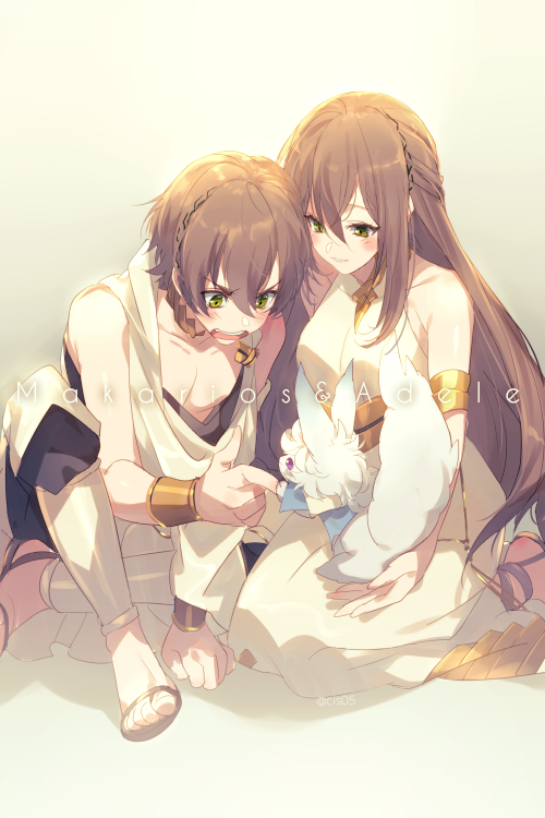 1boy 1girl adele_(fate) armlet bangs bare_shoulders blush bracelet breasts brown_hair cis05 dress fate/grand_order fate_(series) fou_(fate/grand_order) green_eyes hair_between_eyes jewelry long_hair makarios_(fate) medium_breasts open_mouth sandals seiza short_hair sitting smile tunic white_dress