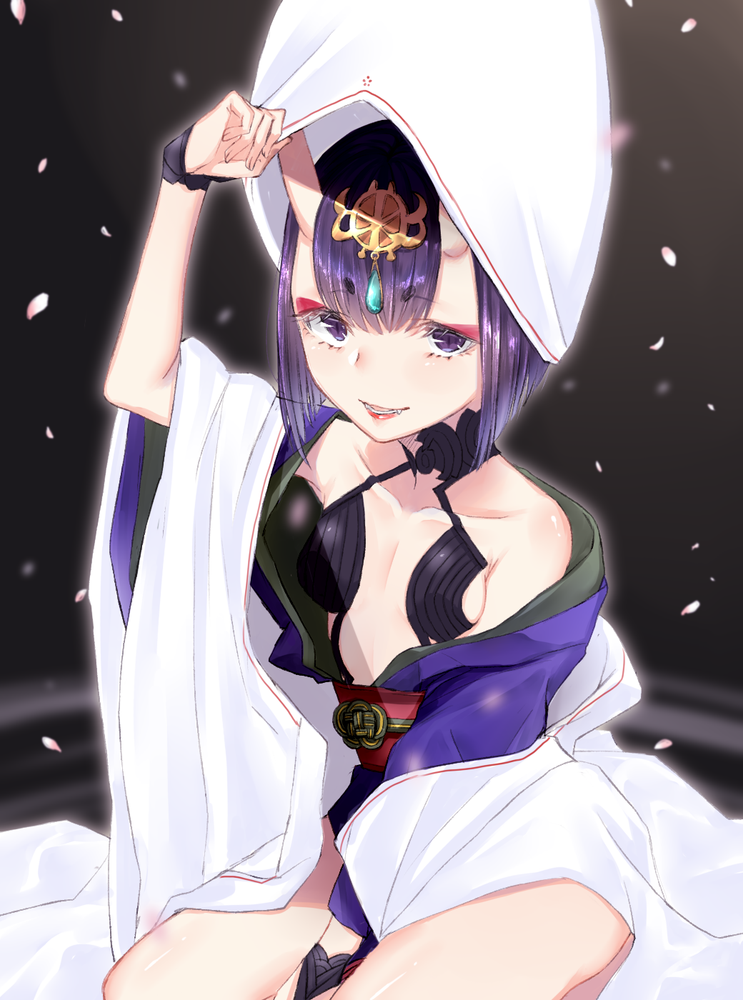 1girl bangs bare_shoulders bob_cut breasts bridal_gauntlets collarbone eyeliner fate/grand_order fate_(series) hand_up headpiece highres hood horns japanese_clothes kimono layered_clothing layered_kimono long_sleeves looking_at_viewer makeup mjsk obi off_shoulder oni oni_horns open_mouth petals purple_hair purple_kimono revealing_clothes sash seiza short_hair shuten_douji_(fate/grand_order) sitting skin-covered_horns small_breasts smile solo thighs uchikake violet_eyes white_kimono wide_sleeves