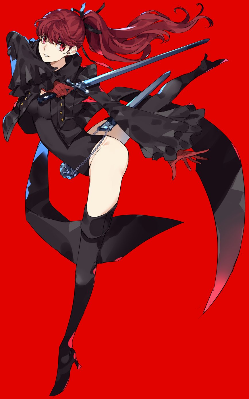 1girl arm_up ass ayyataka bangs black_footwear black_jacket black_leotard black_ribbon boots breasts frilled_sleeves frills full_body gloves hair_ribbon high_heel_boots high_heels high_ponytail highres holding holding_sword holding_weapon jacket leotard leotard_under_clothes long_hair long_sleeves looking_at_viewer medium_breasts open_clothes open_jacket outstretched_arm parted_lips persona persona_5 persona_5_the_royal purple_hair red_eyes red_gloves ribbon sheath smile solo standing standing_on_one_leg sword thigh-highs thigh_boots unsheathed weapon yoshizawa_kasumi