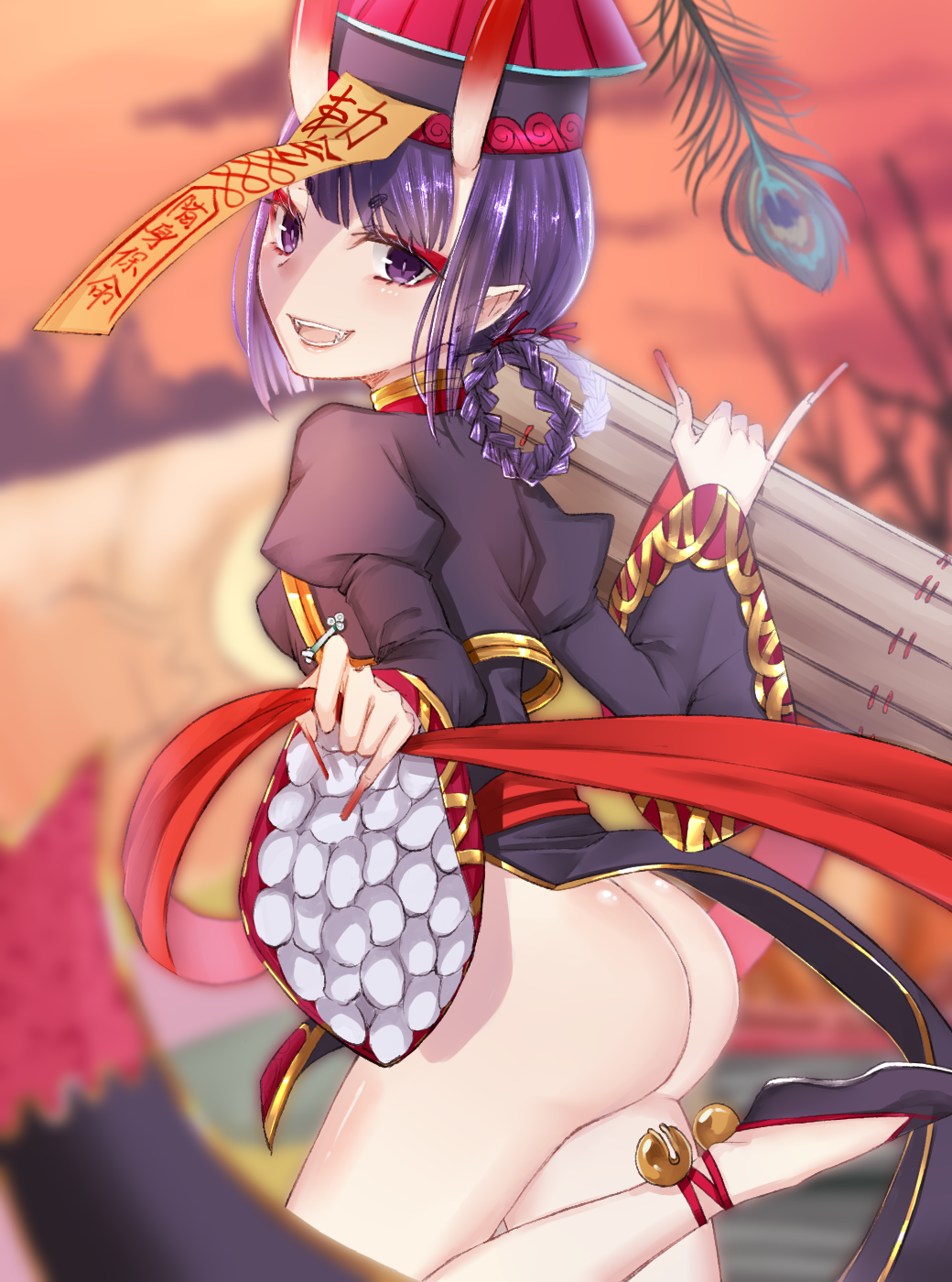 1girl ankle_ribbon ass back bangs bell black_dress blurry blurry_background breasts china_dress chinese_clothes dress eyeliner fate/grand_order fate_(series) fingernails frills hair_rings hat heroic_spirit_festival_outfit highres horns jiangshi jingle_bell juliet_sleeves long_fingernails long_sleeves looking_at_viewer looking_back makeup mjsk ofuda oni oni_horns open_mouth orange_sky peacock_feathers pointy_ears puffy_sleeves purple_hair qing_guanmao ribbon sash short_hair shuten_douji_(fate/grand_order) skin-covered_horns sky small_breasts smile solo thighs twilight twintails violet_eyes wide_sleeves