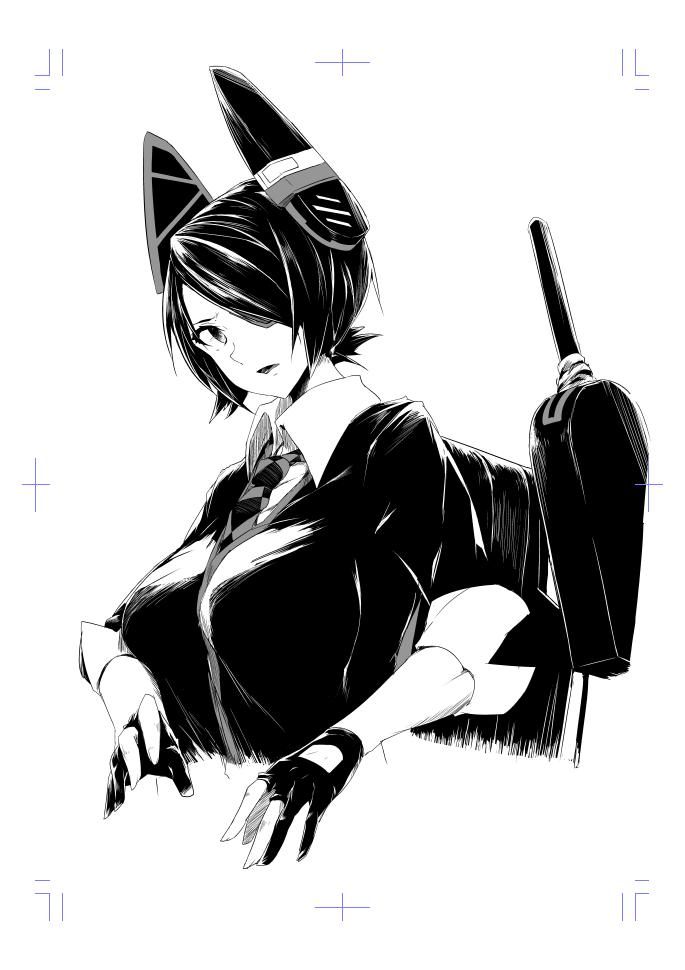 1girl breasts collared_shirt eyepatch gloves greyscale hair_over_one_eye headgear kantai_collection kyouya_(mukuro238) large_breasts looking_at_viewer machinery monochrome one_eye_covered partly_fingerless_gloves rigging shirt short_hair simple_background solo tenryuu_(kantai_collection) upper_body white_background wing_collar