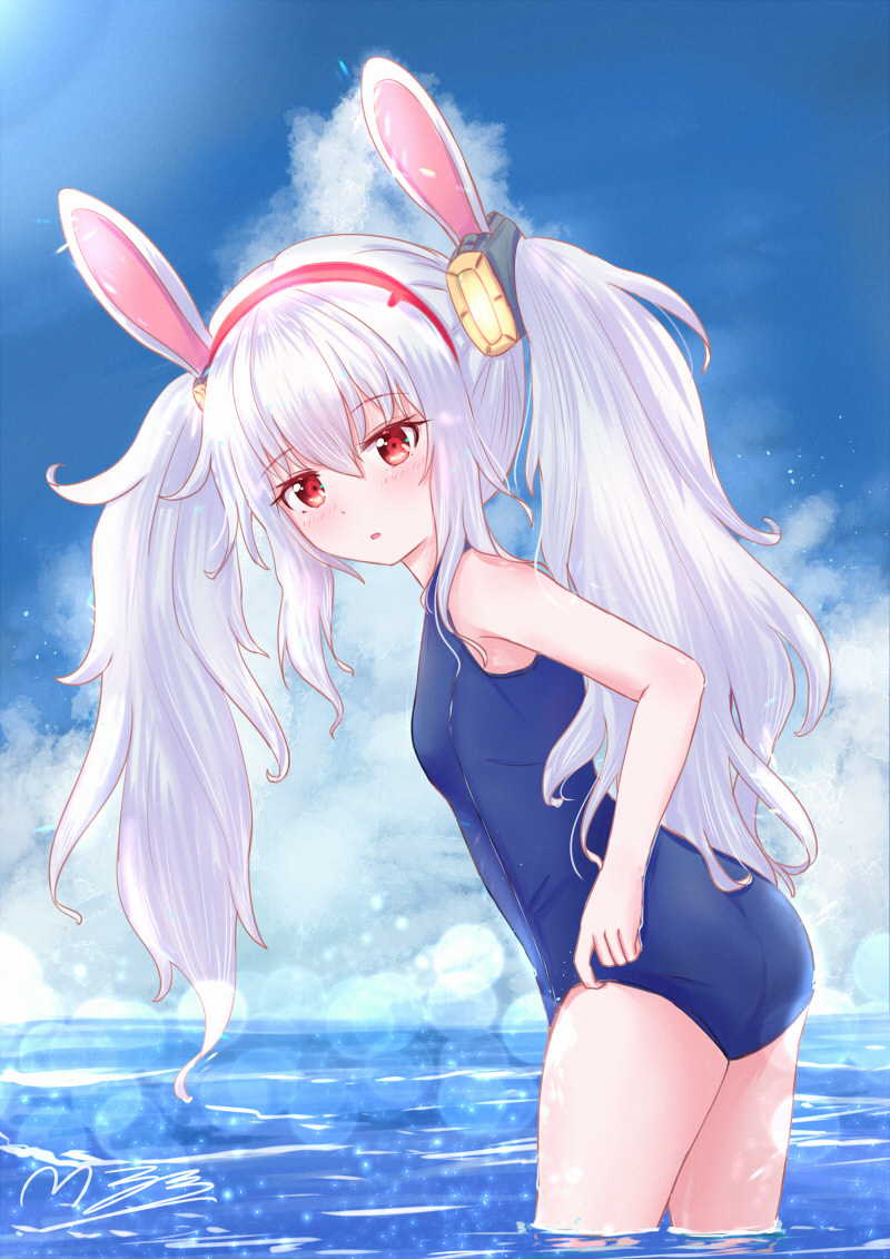 1girl alternate_costume animal_ears ass azur_lane bare_shoulders blue_sky blush breasts clouds eyebrows_visible_through_hair fake_animal_ears hair_between_eyes hair_ornament hairband laffey_(azur_lane) long_hair looking_at_viewer m_ko_(maxft2) ocean old_school_swimsuit open_mouth rabbit_ears red_eyes school_swimsuit silver_hair sky small_breasts solo swimsuit thighs twintails very_long_hair