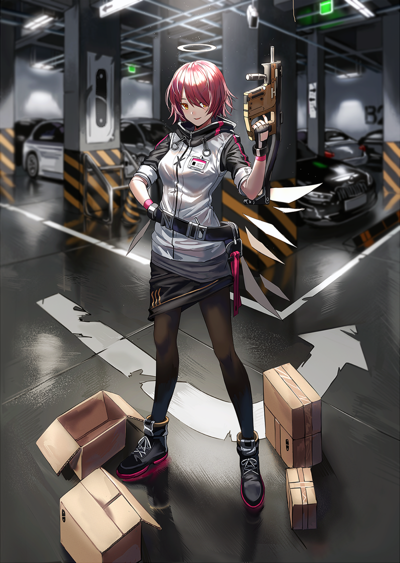 1girl arknights bangs belt black_belt black_footwear black_gloves black_legwear black_skirt blush box brown_eyes car cardboard_box commentary exusiai_(arknights) fingerless_gloves full_body gloves ground_vehicle gun hair_over_one_eye halo hand_up high_collar holding holding_gun holding_weapon indoors jacket looking_at_viewer miniskirt motor_vehicle pantyhose parking_garage parted_lips pouch raglan_sleeves redhead shoes short_hair short_sleeves silence_girl skirt smile sneakers solo standing weapon white_jacket