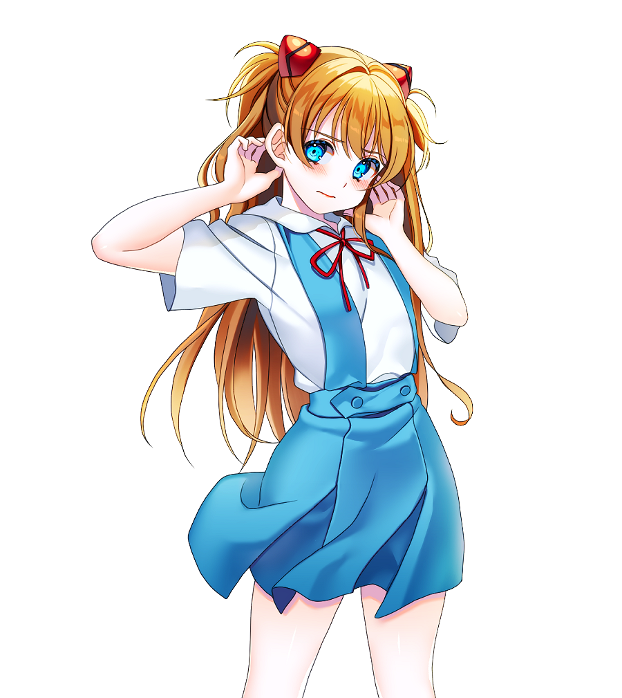1girl adjusting_hair arms_up blue_dress blue_eyes blue_skirt blush breasts collar collared_shirt dress eyebrows_visible_through_hair hair_between_eyes hair_ornament hairclip lips long_hair looking_at_viewer melsocoon neck_ribbon neckwear neon_genesis_evangelion red_neckwear red_ribbon ribbon school_uniform shirt short_sleeves simple_background skirt small_breasts solo souryuu_asuka_langley standing two_side_up uniform white_background white_shirt