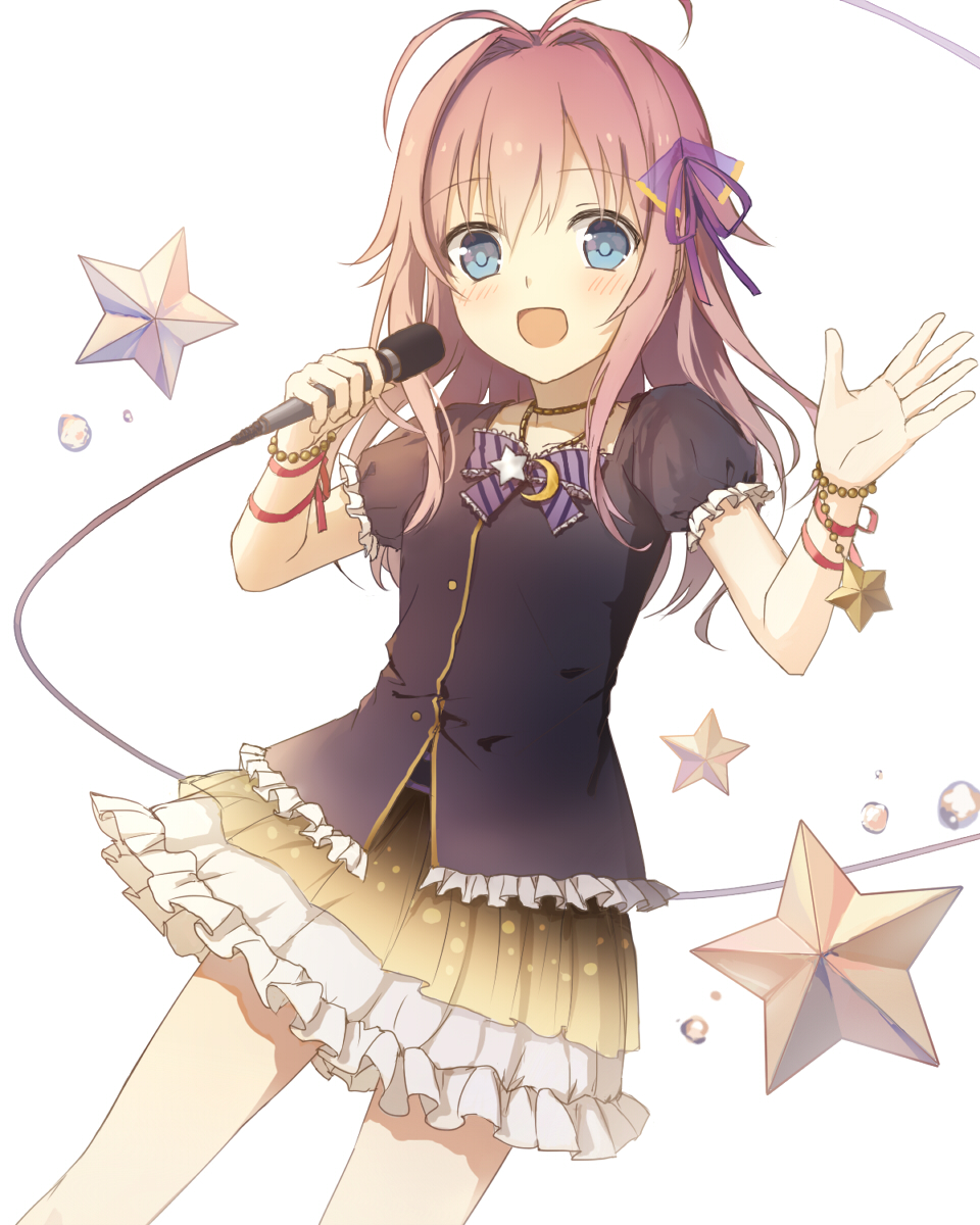 1girl :d antenna_hair bangs blue_eyes blush bow bowtie bracelet chengnya cowboy_shot eyebrows_visible_through_hair frilled_shirt frilled_skirt frilled_sleeves frills hair_intakes hair_ribbon hands_up highres holding holding_microphone jewelry long_hair looking_at_viewer microphone miniskirt open_mouth pink_hair puffy_short_sleeves puffy_sleeves purple_bow purple_neckwear purple_ribbon purple_shirt red_ribbon ribbon shirt short_sleeves simple_background skirt smile solo star striped striped_bow striped_neckwear symbol_commentary utau white_background wrist_ribbon yamine_renri