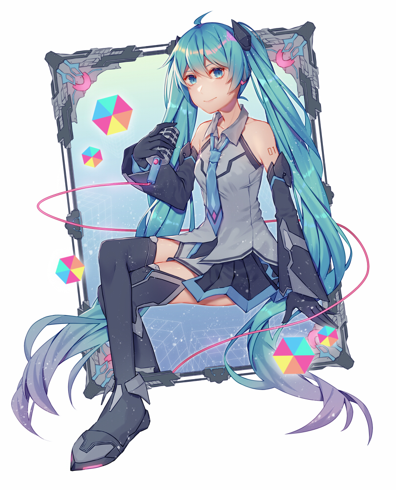 1girl aqua_eyes aqua_hair aqua_neckwear bare_shoulders black_gloves black_legwear black_skirt black_sleeves boots cable cube detached_sleeves full_body gloves grey_shirt hair_ornament hatsune_miku headphones holding holding_microphone light_smile long_hair looking_at_viewer magical_mirai_(vocaloid) microphone necktie painting_(object) shirt shoulder_tattoo skirt sleeveless sleeveless_shirt solo tattoo thigh-highs thigh_boots twintails very_long_hair vocaloid wenz white_background zettai_ryouiki