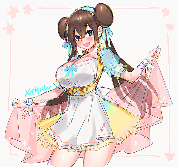 1girl :d alternate_costume blue_eyes blush breasts brown_hair commentary_request cowboy_shot double_bun dress eyebrows_visible_through_hair hairband large_breasts long_hair mei_(pokemon) multicolored multicolored_clothes multicolored_dress ooshio7734 open_mouth pokemon simple_background smile solo teeth translation_request twintails