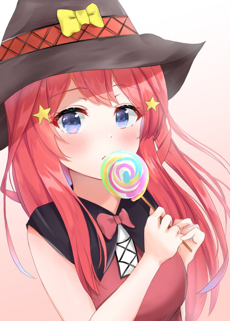 1girl bangs black_capelet black_headwear blue_eyes blush candy capelet eyebrows_visible_through_hair floating_hair food go-toubun_no_hanayome hair_between_eyes hair_ornament halloween hat holding lollipop long_hair looking_at_viewer nakano_itsuki pink_neckwear redhead shiny shiny_hair simple_background sleeveless solo star star_hair_ornament umineco_1 upper_body white_background witch_hat