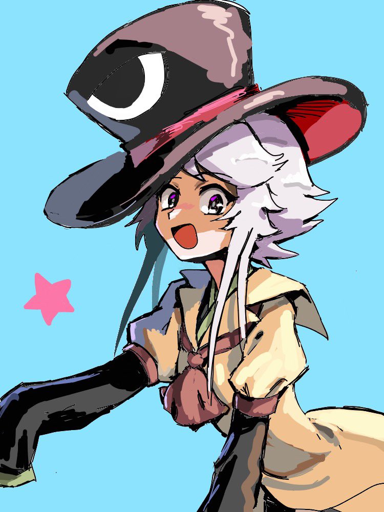 1other androgynous bow brown_coat coat grey_eyes grey_hair hat houlen_yabusame large_hat len'en open_mouth short_hair short_hair_with_long_locks silver_yes_yes smile solo star top_hat