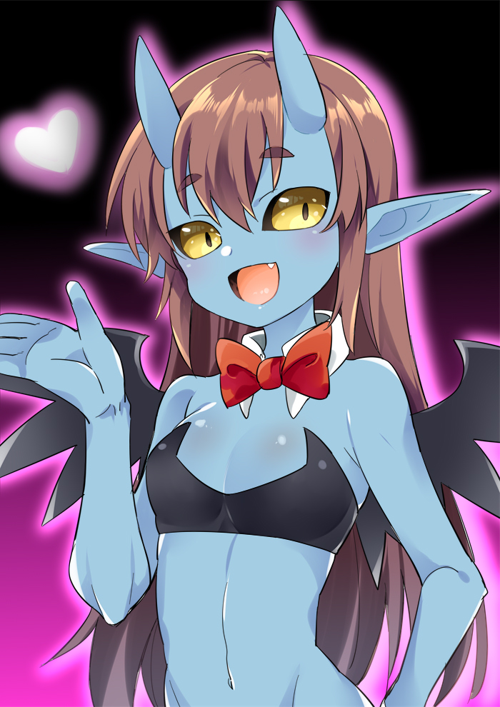 1girl bare_arms black_background black_bra black_sclera blue_skin bow bowtie bra breasts brown_hair character_request cowboy_shot demon_girl demon_wings eyebrows_visible_through_hair fang fujinami_(fjnm000) hair_between_eyes hand_up heart horns ishuzoku_reviewers long_hair looking_at_viewer navel oni_horns open_mouth outline pink_background pink_outline pointy_ears red_neckwear short_eyebrows small_breasts solo two-tone_background underwear wings yellow_eyes