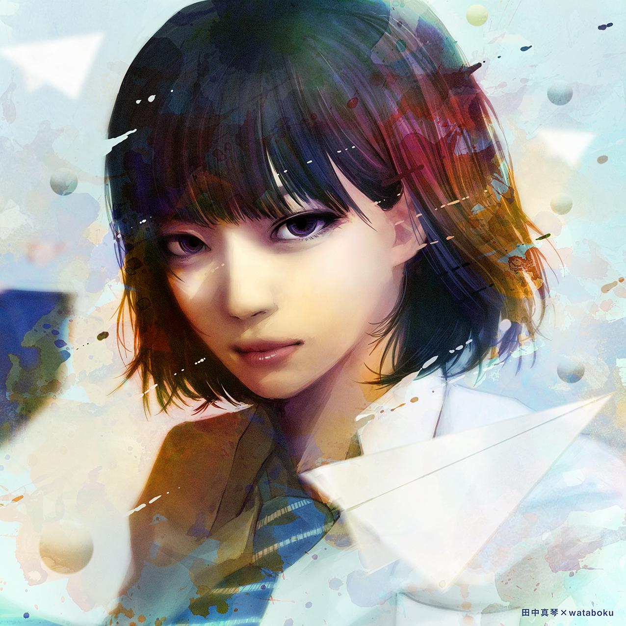 1girl asian bangs blunt_bangs blurry blurry_background bob_cut brown_eyes closed_mouth collared_shirt expressionless face highres lips looking_at_viewer original paper_airplane pink_lips realistic scan shirt short_hair solo upper_body wataboku white_shirt wing_collar