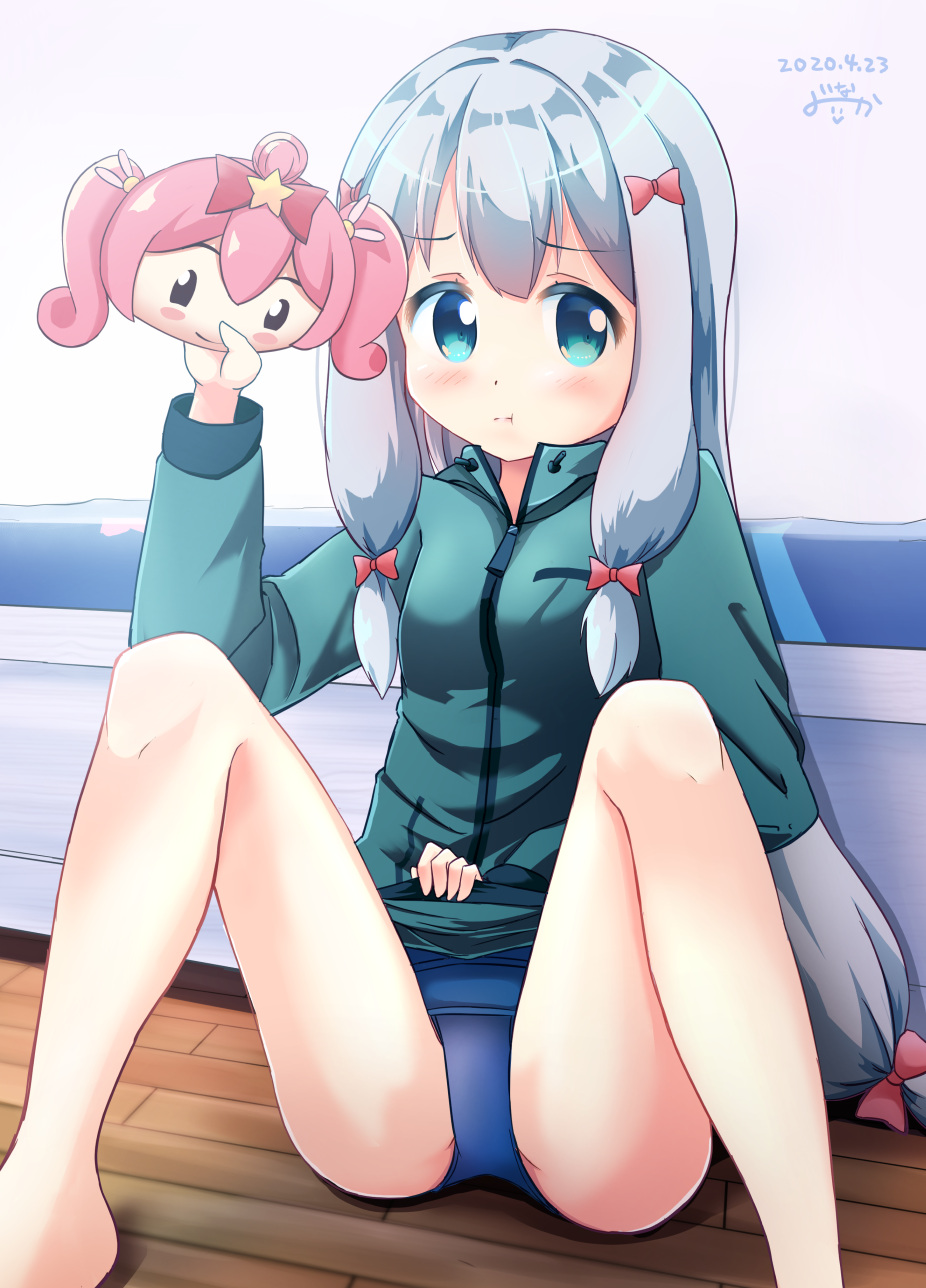 1girl a-1_pictures ascii_media_works bed blue_eyes blue_swimsuit bow commentary_request creator_connection cute dated eromanga_sensei green_jacket hair_bow highres hoshikuzu_witch_meruru inakami izumi_sagiri jacket loli long_hair looking_at_viewer low-tied_long_hair mask meruru_(oreimo) moe ore_no_imouto_ga_konna_ni_kawaii_wake_ga_nai pink_bow pout school_swimsuit signature silver_hair solo spread_legs swimsuit swimsuit_under_clothes writter_connection