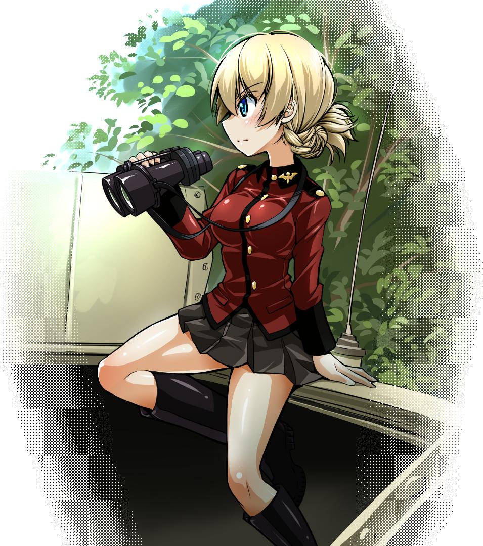 1girl bangs binoculars black_footwear black_skirt blonde_hair blue_eyes boots braid closed_mouth commentary darjeeling_(girls_und_panzer) day epaulettes eyebrows_visible_through_hair frown girls_und_panzer holding holding_binoculars insignia jacket long_sleeves looking_to_the_side military military_uniform miniskirt outdoors pleated_skirt r-ex red_jacket short_hair sitting skirt solo st._gloriana's_military_uniform tied_hair tree twin_braids uniform