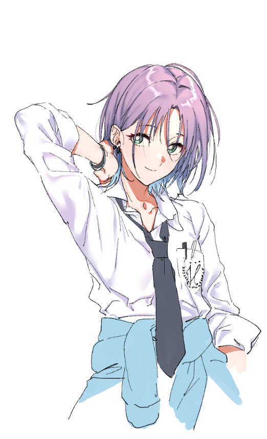 1girl arm_up asakura_tooru black_neckwear breast_pocket collared_shirt hand_on_own_neck idolmaster idolmaster_shiny_colors k52 long_sleeves necktie pen pen_in_pocket pocket purple_hair shirt short_hair simple_background smile solo upper_body white_background white_shirt