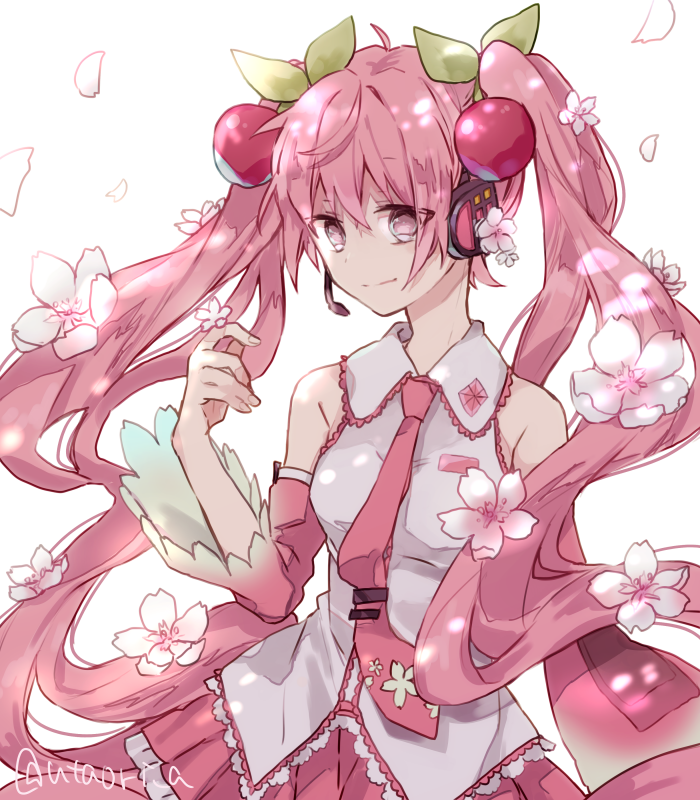 1girl bare_shoulders cherry_blossom_print cherry_blossoms cherry_hair_ornament commentary detached_sleeves falling_petals floral_print flower food_themed_hair_ornament hair_ornament hand_up hatsune_miku headphones headset holding holding_flower leaf long_hair looking_at_object necktie pink_eyes pink_flower pink_hair pink_neckwear pink_skirt pink_sleeves pleated_skirt sakura_miku shirt skirt sleeveless sleeveless_shirt smile solo twintails upper_body utaori very_long_hair vocaloid white_background white_shirt