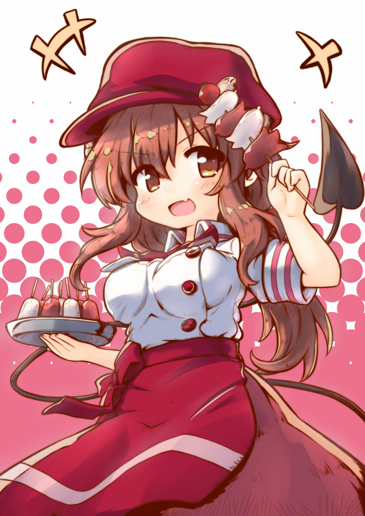 +++ 1girl apron bangs bow buttons cherry_tomato cowboy_shot demon_horns demon_tail eyebrows_visible_through_hair fang food hair_between_eyes halftone halftone_background hat highres holding horns kareya long_hair low_ponytail machikado_mazoku open_mouth red_eyes red_skirt redhead shirt short_sleeves sidelocks skewer skin_fang skirt smile solo tail tako-san_wiener tomato tray v-shaped_eyebrows white_shirt yoshida_yuuko_(machikado_mazoku)