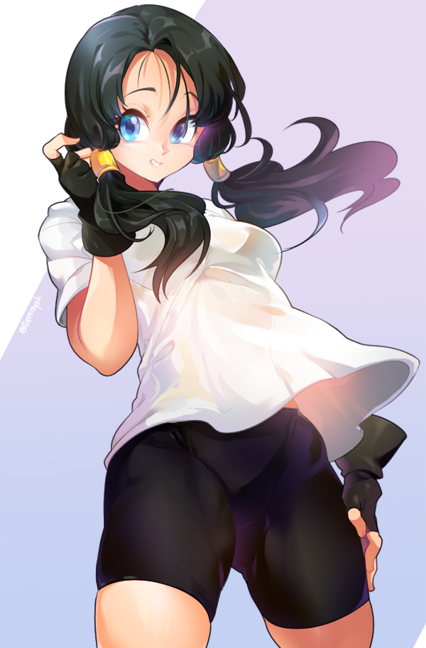 1girl arm_at_side bike_shorts black_gloves black_hair black_shorts blue_eyes breasts clothes_lift cowboy_shot crotch_seam dragon_ball dragon_ball_z fingerless_gloves floating_hair gloves grey_background hand_in_hair hand_up looking_afar medium_breasts midriff_peek ommmyoh parted_lips shaded_face shiny shiny_hair shirt short_shorts shorts simple_background smile solo teeth thick_thighs thighs twintails twitter_username two-tone_background videl white_background white_shirt wind wind_lift