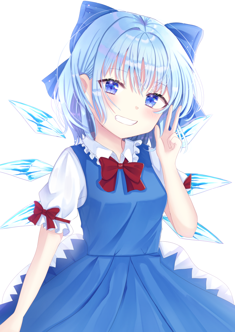 1girl arm_at_side arm_up bangs blue_dress blue_eyes blue_hair bow bowtie breasts cirno commentary cowboy_shot dress eyebrows_visible_through_hair grin hair_ribbon head_tilt light_blush looking_at_viewer nibosisuzu pinafore_dress puffy_short_sleeves puffy_sleeves red_neckwear ribbon shirt short_hair short_sleeves simple_background sleeve_ribbon small_breasts smile solo standing touhou w white_background white_shirt