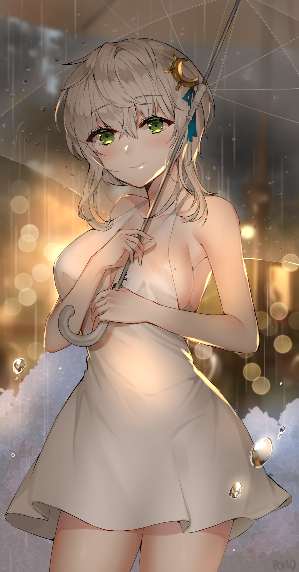 1girl artist_name blonde_hair blush breasts closed_mouth collarbone crescent crescent_hair_ornament dress dungeon_and_fighter eyebrows_visible_through_hair green_eyes hair_ornament highres holding holding_umbrella large_breasts looking_at_viewer mole mole_on_breast poho rain short_hair smile solo umbrella water_drop wet wet_clothes wet_dress white_dress