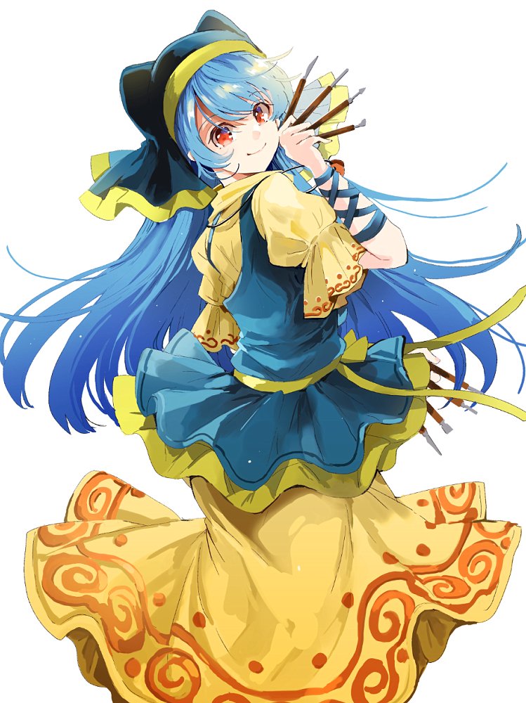 1girl arm_ribbon azuma_aya between_fingers blue_hair chisel dress haniyasushin_keiki head_scarf long_hair looking_at_viewer looking_back red_eyes ribbon short_sleeves simple_background single_strap smile solo symbol_commentary touhou white_background wood_carving_tool yellow_dress