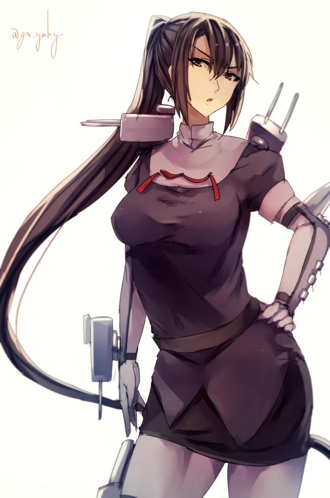 1girl black_eyes black_hair bracer cannon cowboy_shot elbow_gloves gloves hair_between_eyes hand_on_hip kantai_collection kyouya_(mukuro238) long_hair looking_at_viewer machinery miniskirt nachi_(kantai_collection) pantyhose parted_lips pencil_skirt ponytail puffy_short_sleeves puffy_sleeves rigging short_sleeves simple_background skirt solo twitter_username very_long_hair white_background white_gloves white_legwear