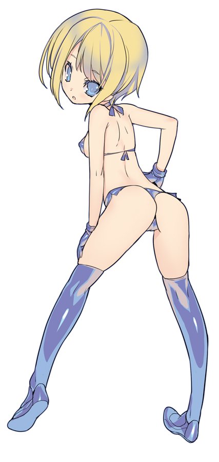 1girl ass back bikini blade_(galaxist) blonde_hair blue_bikini blue_eyes blue_gloves blue_legwear blush bob_cut breasts from_behind full_body gloves hand_on_hip hand_on_thigh legs loafers looking_at_viewer looking_back medium_breasts open_mouth original over-kneehighs petite shoes short_hair side-tie_bikini sideboob simple_background solo standing swimsuit thigh-highs thong_bikini white_background
