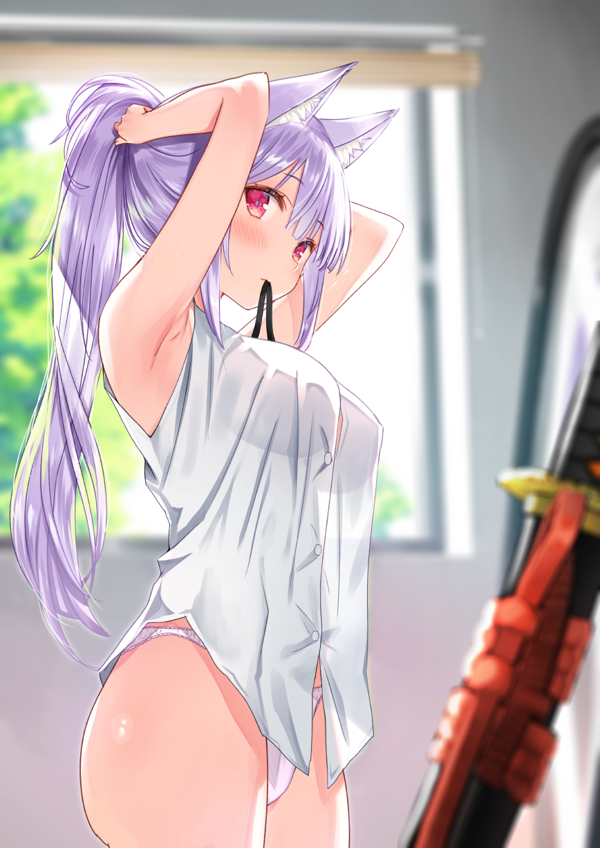 1girl animal_ear_fluff animal_ears arms_up bangs black_ribbon blurry blurry_background blurry_foreground blush breasts commentary_request cowboy_shot day depth_of_field dress_shirt dressing fox_ears hair_up highres indoors kamishiro_natsume katana large_breasts long_hair looking_at_viewer melty+ mirror morning mouth_hold no_bra no_pants official_art panties ponytail purple_hair purple_panties red_eyes ribbon ribbon_in_mouth see-through see-through_silhouette shirt smile solo sword underwear very_long_hair virtual_youtuber weapon white_shirt yasuyuki