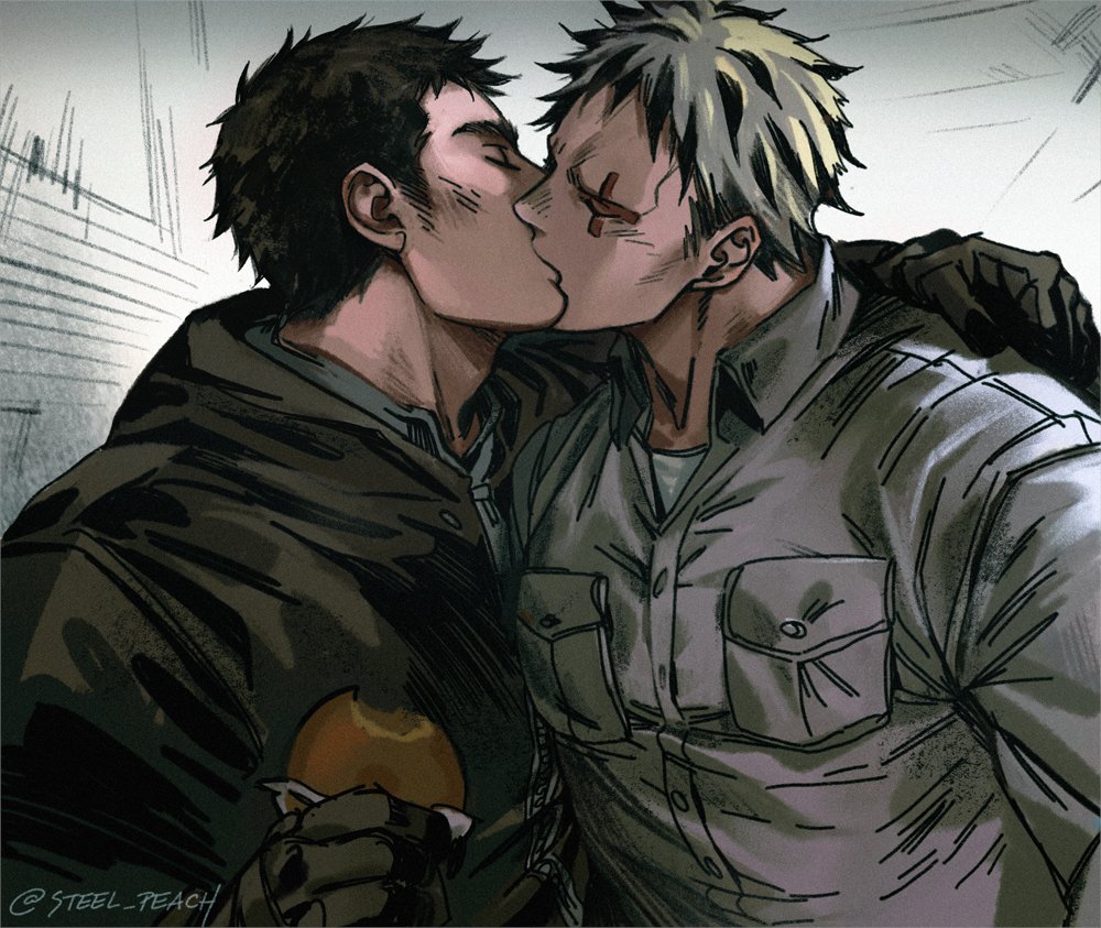 2boys agnieszka_grochalska aikawa_(dorohedoro) arm_hug bangs black_hair blonde_hair blush closed_eyes collared_shirt dorohedoro doughnut food french_kiss gloves hood hood_down hoodie kiss long_sleeves male_focus multicolored_hair multiple_boys open_mouth risu_(dorohedoro) shirt simple_background sweatshirt two-tone_hair yaoi