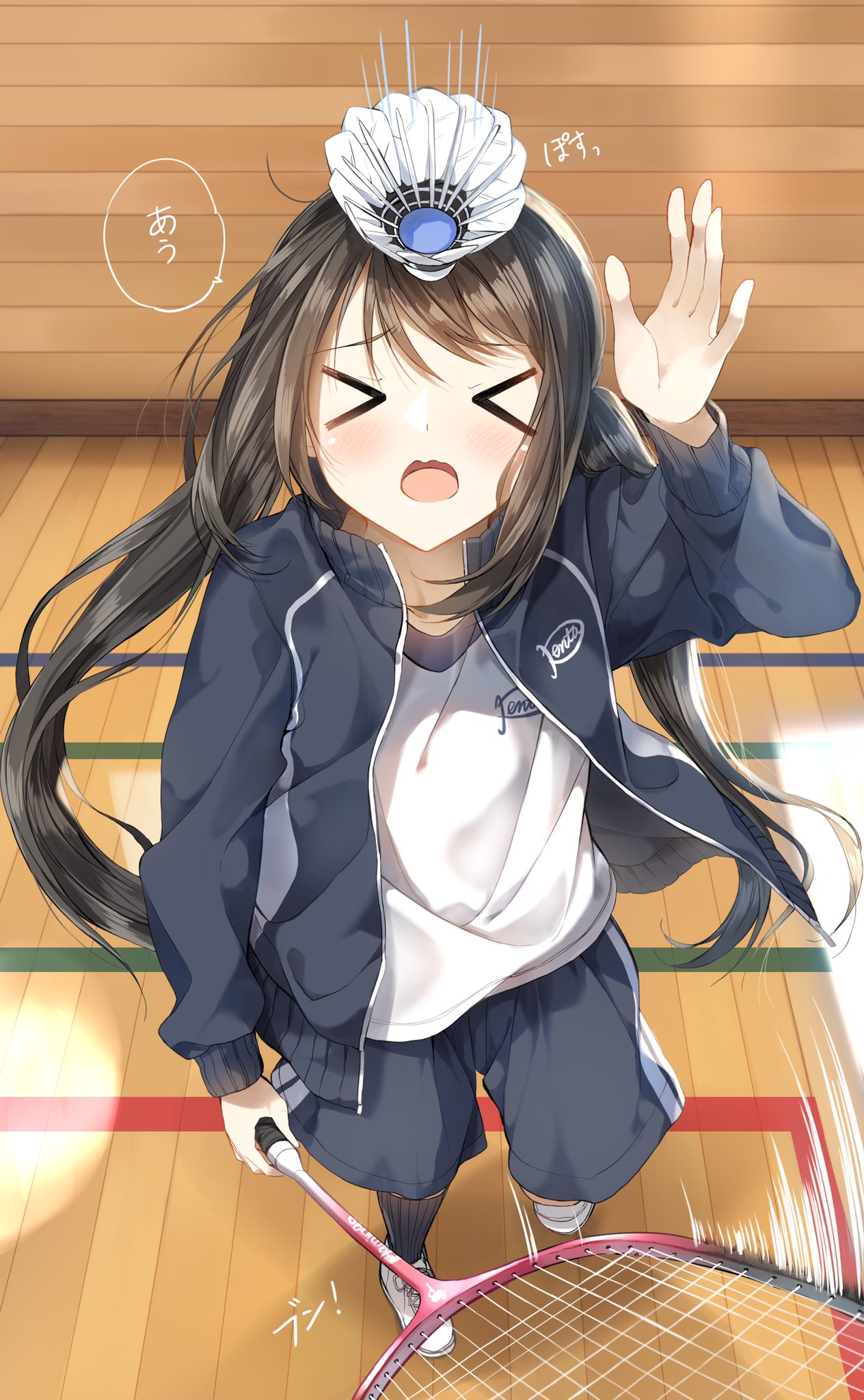 &gt;_&lt; 1girl arm_up badminton_racket bangs black_hair black_jacket black_legwear black_shorts blush closed_eyes commentary_request eyebrows_visible_through_hair facing_viewer full_body gym_shirt gym_shorts gym_uniform highres holding indoors jacket kneehighs long_hair long_sleeves open_clothes open_jacket open_mouth original pentagon_(railgun_ky1206) racket shirt shoes shorts shuttlecock sneakers solo speed_lines standing standing_on_one_leg track_jacket translation_request twintails very_long_hair wavy_mouth white_footwear white_shirt