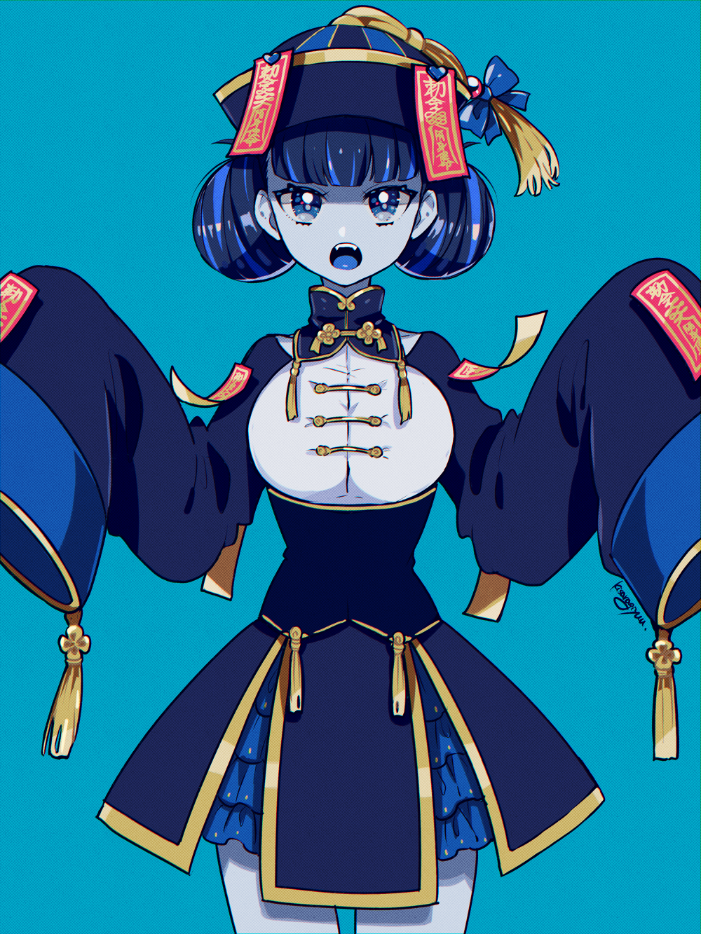 1girl artist_name blue_background blue_eyes blue_hair chinese_clothes grey_skin highres jiangshi kisaragi_yuu_(fallen_sky) ofuda open_mouth panty_&amp;_stocking_with_garterbelt short_hair simple_background solo standing stocking_(psg) tangzhuang