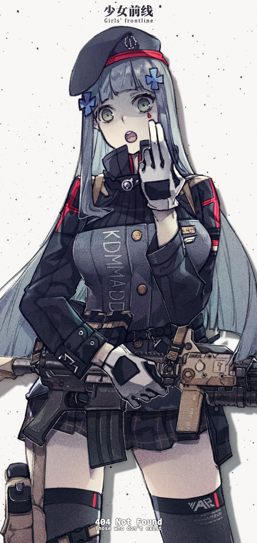 1girl 404_(girls_frontline) arm_up assault_rifle bangs beret black_headwear black_legwear blunt_bangs breasts brown_skirt collar collared_jacket copyright_name english_text facial_mark girls_frontline gloves green_eyes grey_background gun h&amp;k_hk416 hair_ornament handgun hat highres hk416_(girls_frontline) holding holding_gun holding_weapon holstered_weapon jacket long_hair long_sleeves looking_at_viewer military military_jacket open_mouth pistol plaid plaid_skirt rifle scope silver_hair simple_background skirt solo teardrop thigh-highs weapon white_gloves zxzx121222