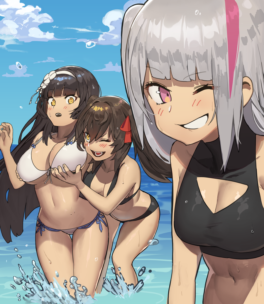 clouds commentary girls_frontline hood_(james_x) mdr_(girls_frontline) multiple_girls qbz-95_(girls_frontline) qbz-97_(girls_frontline) swimsuit water