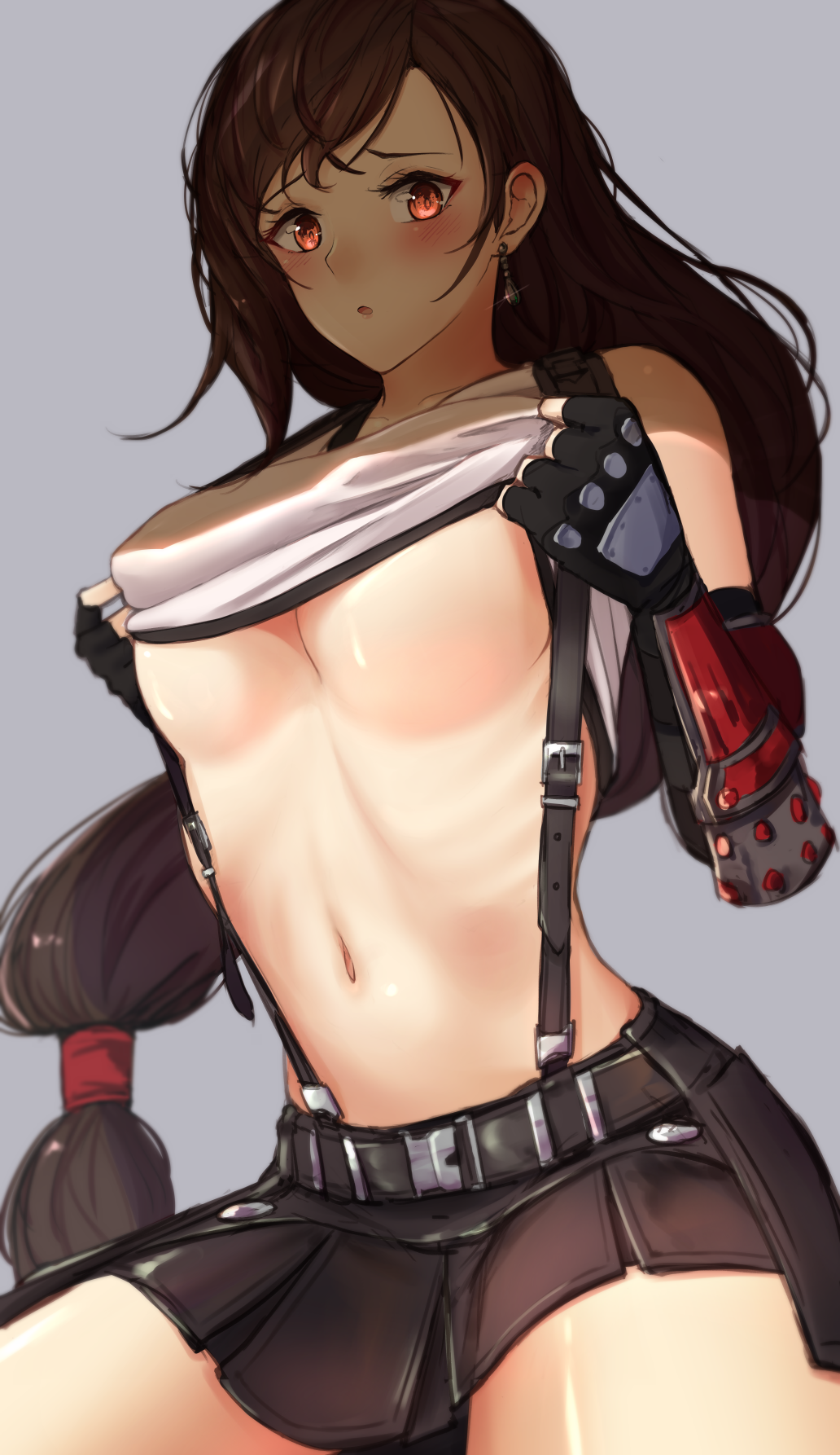 1girl :o bangs bare_shoulders black_gloves black_skirt blush breasts brown_eyes brown_hair clothes_lift earrings elbow_pads final_fantasy final_fantasy_vii final_fantasy_vii_remake fingerless_gloves gloves highres ippers jewelry long_hair looking_at_viewer low-tied_long_hair midriff miniskirt navel open_mouth pencil_skirt pleated_skirt ribs shaded_face shadow shiny shiny_skin shirt shirt_lift skirt stomach suspender_skirt suspenders swept_bangs tank_top taut_clothes taut_shirt thick_thighs thighs tifa_lockhart under_boob very_long_hair white_tank_top