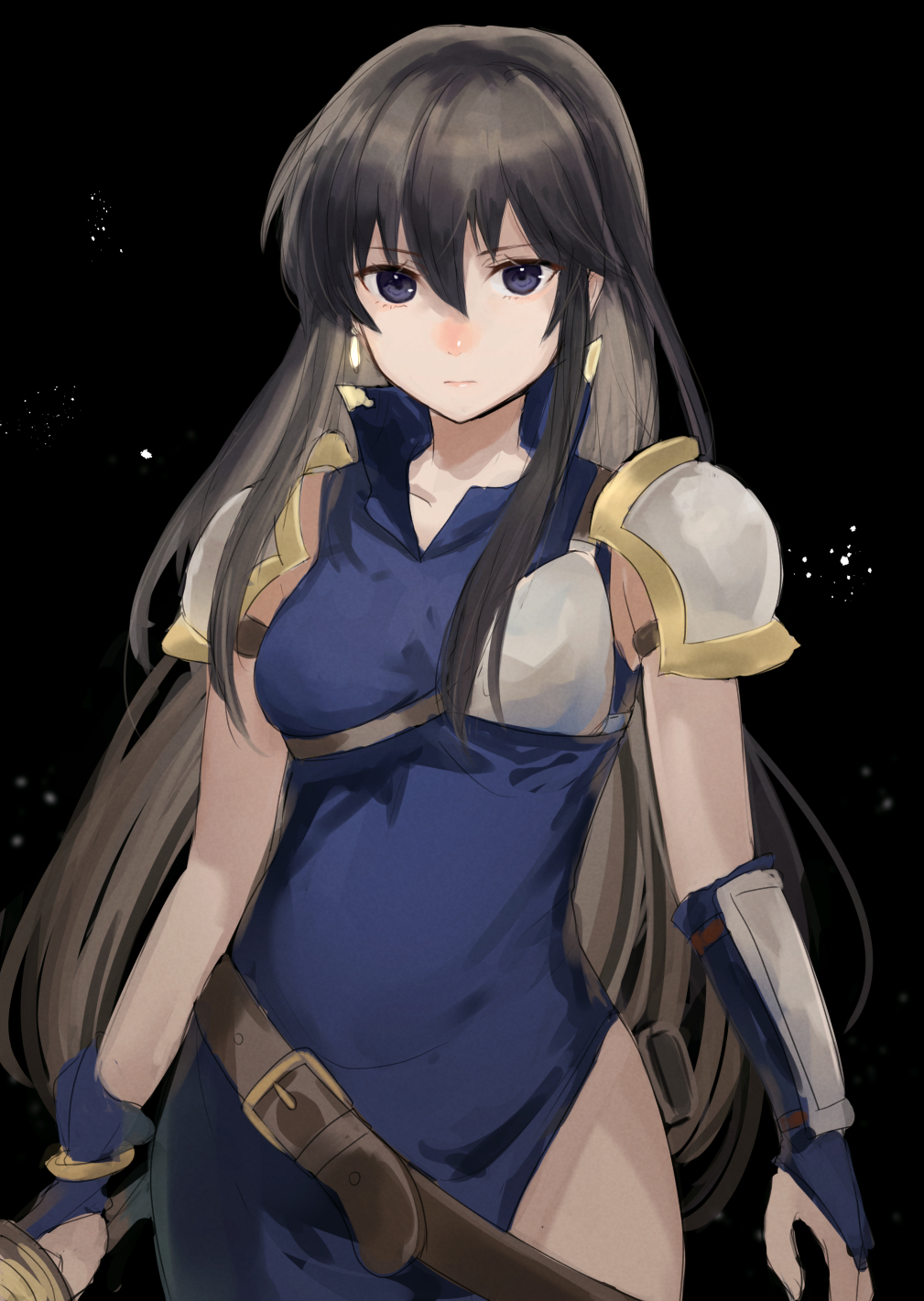 1girl arm_guards armor ayra_(fire_emblem) belt black_background black_hair blue_dress blue_eyes blue_gloves breasts closed_mouth commentary cowboy_shot dress earrings expressionless fingerless_gloves fire_emblem fire_emblem:_genealogy_of_the_holy_war gloves haru_(nakajou-28) highres jewelry long_hair looking_at_viewer medium_breasts shoulder_armor side_slit simple_background sleeveless sleeveless_dress solo straight_hair thighs