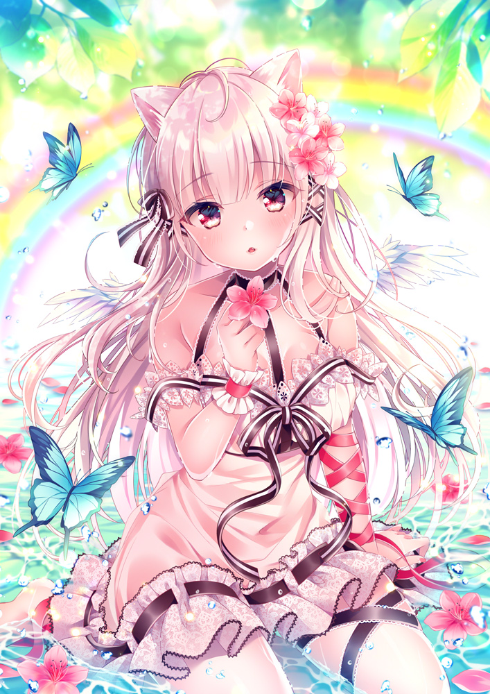 1girl animal animal_ears bare_shoulders barefoot black_choker blurry blurry_background breasts bug butterfly cat_ears choker collarbone commentary_request depth_of_field dress flower hand_up holding holding_flower insect lace lace-trimmed_dress looking_at_viewer medium_breasts nemuri_nemu original parted_lips rainbow red_flower shallow_water solo water white_dress white_flower