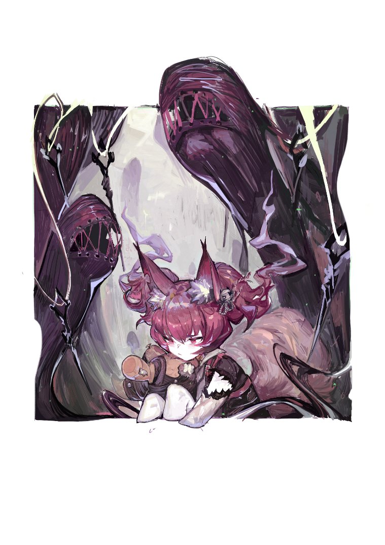 1girl animal_ear_fluff animal_ears arknights bell blush closed_mouth fox_ears fox_tail hair_bell hair_ornament holding holding_stuffed_animal monster pp_bullet purple_hair red_eyes shamare_(arknights) sketch stitched_mouth stitches stuffed_animal stuffed_toy tail teddy_bear torn_clothes twintails