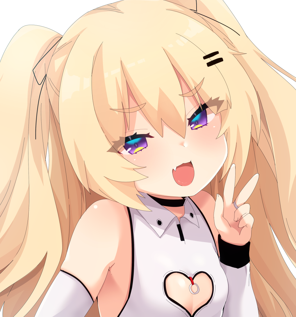 1girl :d azur_lane bache_(azur_lane) bache_(showy_sports_star)_(azur_lane) bangs blonde_hair blush breasts collared_dress detached_sleeves dress eyebrows_visible_through_hair fang hair_between_eyes hair_ornament hairclip hana_(tmtmrgrgtrg) hand_up heart_cutout jewelry long_hair long_sleeves looking_at_viewer open_mouth ring simple_background sleeveless sleeveless_dress small_breasts smile solo two_side_up upper_body v violet_eyes white_background white_dress white_sleeves