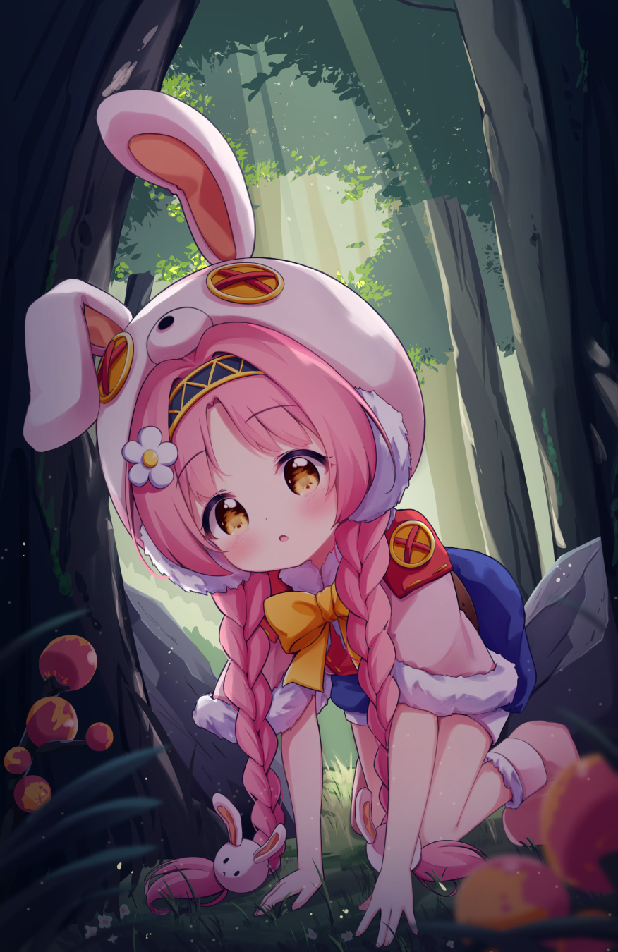 1girl :o akane_mimi all_fours animal_ears animal_hat bangs black_hairband blue_shorts blurry blurry_foreground blush boots braid brown_eyes bunny_hair_ornament bunny_hat capelet day depth_of_field eyebrows_visible_through_hair fake_animal_ears flower forest fur-trimmed_capelet fur_trim hair_flower hair_ornament hairband hat highres long_hair looking_at_viewer nature on_grass on_ground outdoors parted_bangs parted_lips pink_capelet pink_footwear pink_hair pink_headwear princess_connect! princess_connect!_re:dive rabbit_ears red_shirt shirt short_shorts shorts solo tokenbox tree twin_braids twintails very_long_hair white_flower