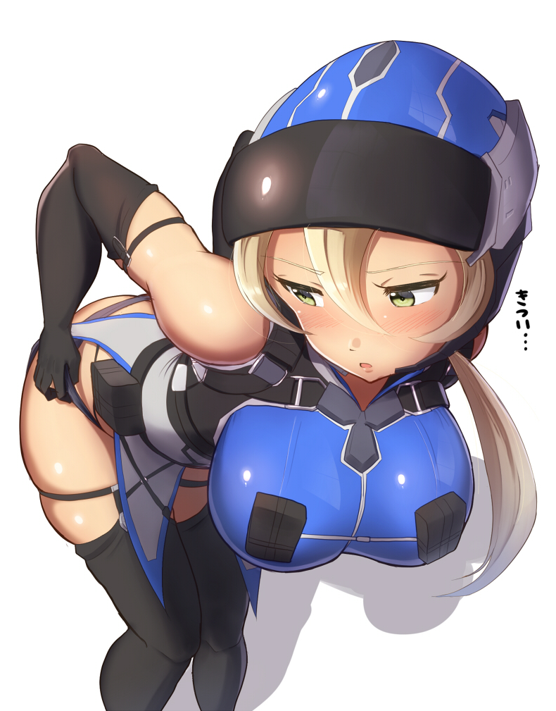 1girl ass belt_pouch bent_over blonde_hair blush breasts earth_defense_force earth_defense_force_2025 green_eyes hanging_breasts helmet huge_ass large_breasts leaning_forward looking_back maku_ro panties pauldrons pouch solo underwear visor wing_diver worried