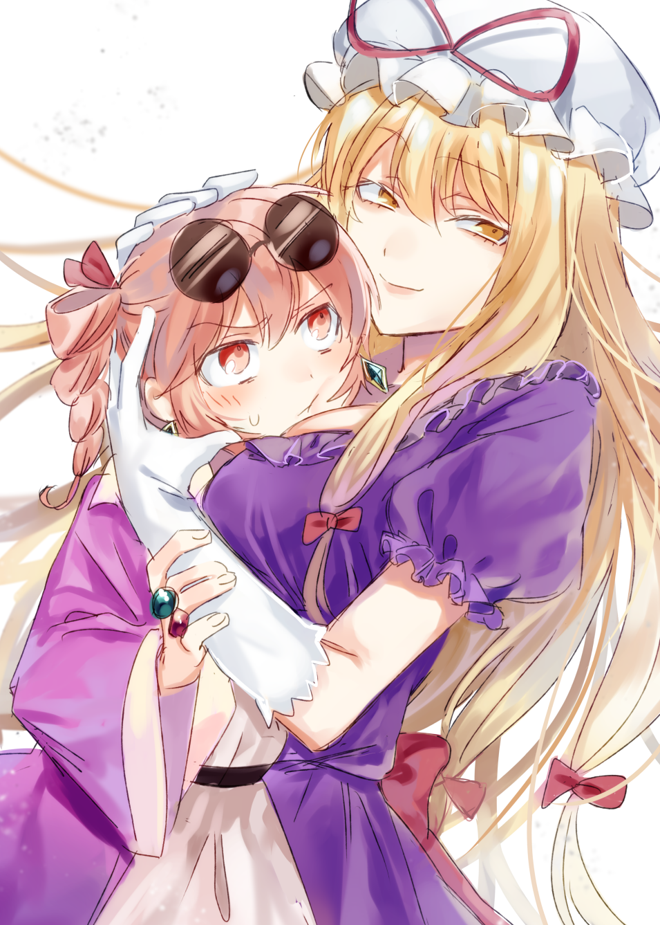 2girls :t blonde_hair bow breasts brown_eyes brown_hair closed_mouth commentary_request dress drill_hair earrings elbow_gloves eyewear_on_head fuchina gloves hair_bow hair_ribbon hat hat_ribbon highres hug jacket jewelry large_breasts light_smile long_hair mob_cap multiple_girls puffy_short_sleeves puffy_sleeves purple_dress purple_jacket red_bow red_ribbon ribbon short_sleeves simple_background sunglasses sweat touhou white_background white_dress white_gloves white_headwear yakumo_yukari yellow_eyes yorigami_jo'on