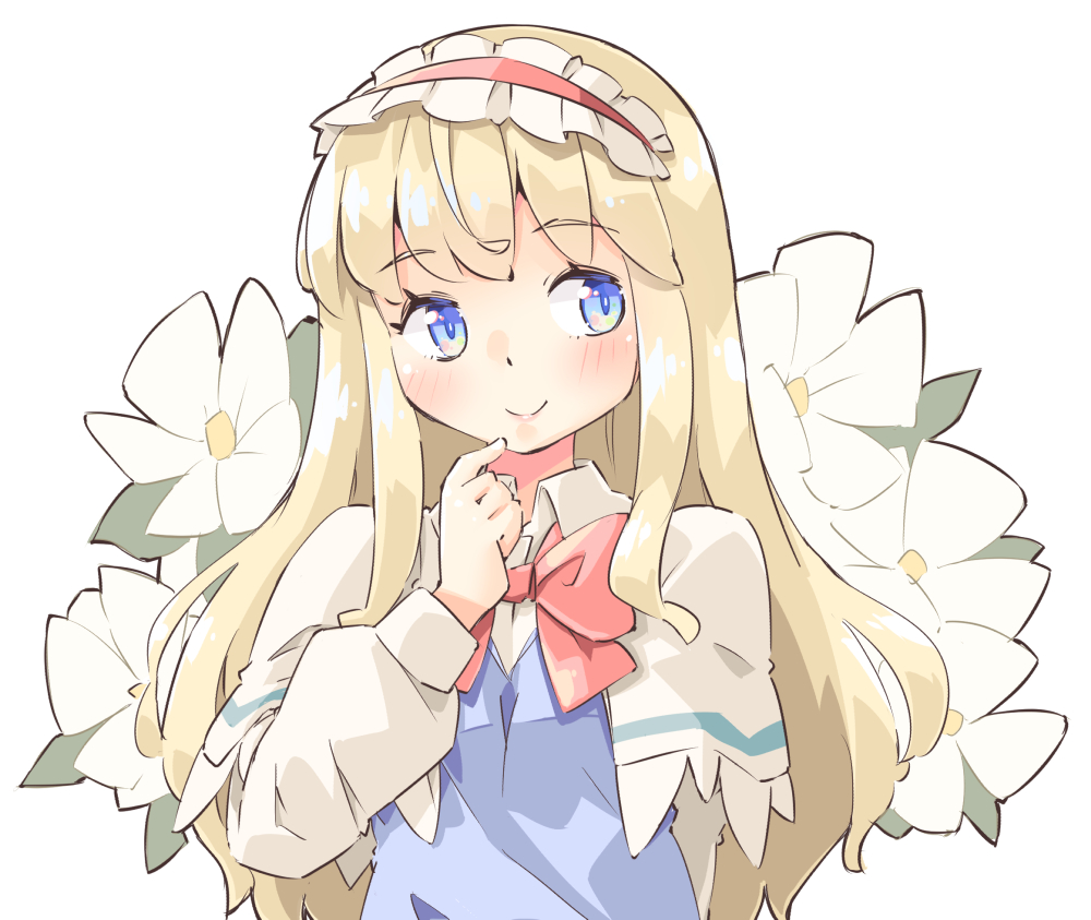 alice_margatroid arnest blonde_hair blue_dress blue_eyes blush bow bowtie capelet collared_shirt dress eyebrows_visible_through_hair finger_to_chin flower hairband lolita_hairband long_hair long_sleeves looking_to_the_side red_bow shanghai_doll shirt simple_background smile touhou white_background white_capelet white_shirt