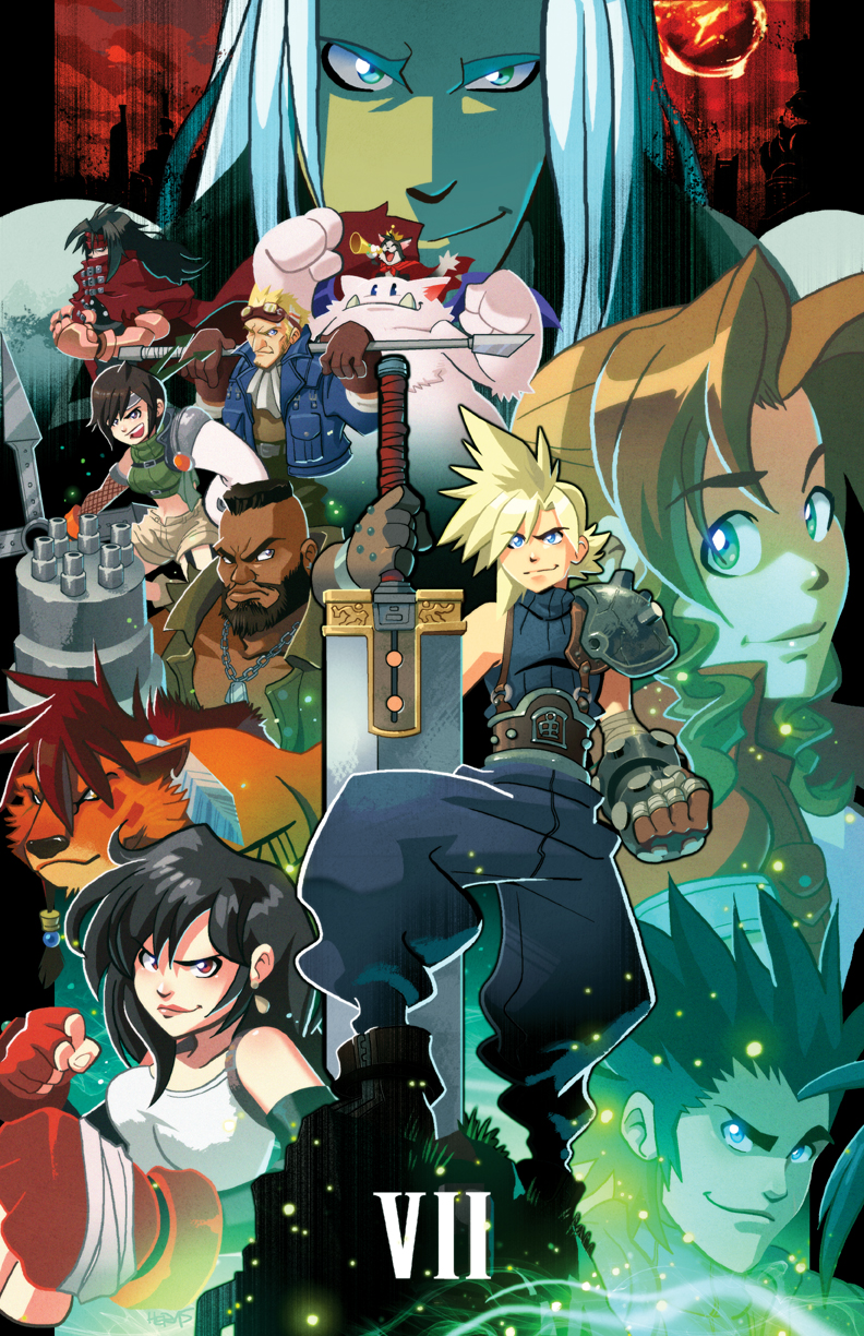 2others 3girls 6+boys aerith_gainsborough arm_cannon baggy_pants barret_wallace beard black_hair blonde_hair blue_eyes brown_gloves brown_hair buster_sword cait_sith cat cid_highwind clenched_hand clenched_hands cloud_strife commentary dark_skin english_commentary facial_hair fighting_stance final_fantasy final_fantasy_vii gatling_gun gloves goggles goggles_on_head highres mascot_costume matt_herms mohawk multiple_boys multiple_girls multiple_others ninja pants planted_sword planted_weapon polearm red_eyes red_xiii revision sephiroth silver_hair single_pauldron spear spiky_hair sword tifa_lockhart very_dark_skin vincent_valentine weapon yuffie_kisaragi zack_fair