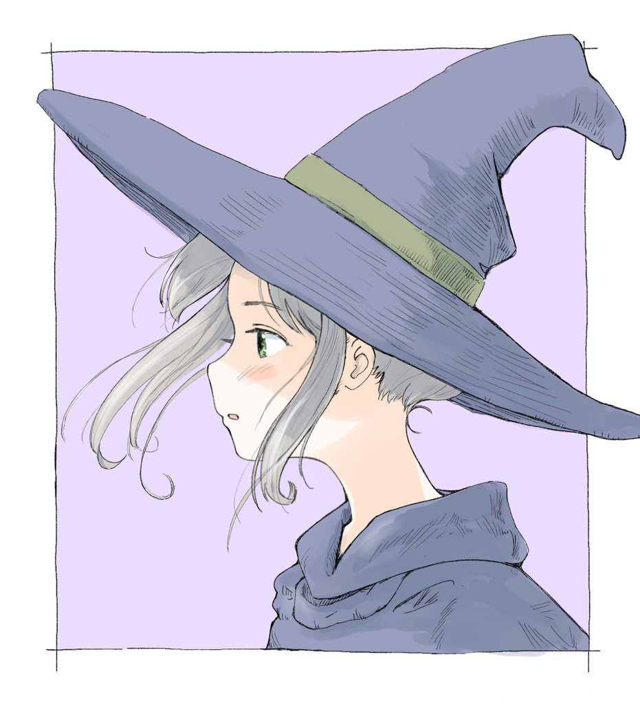 1girl commentary green_eyes hat original parted_lips porankaran portrait profile silver_hair simple_background solo witch witch_hat