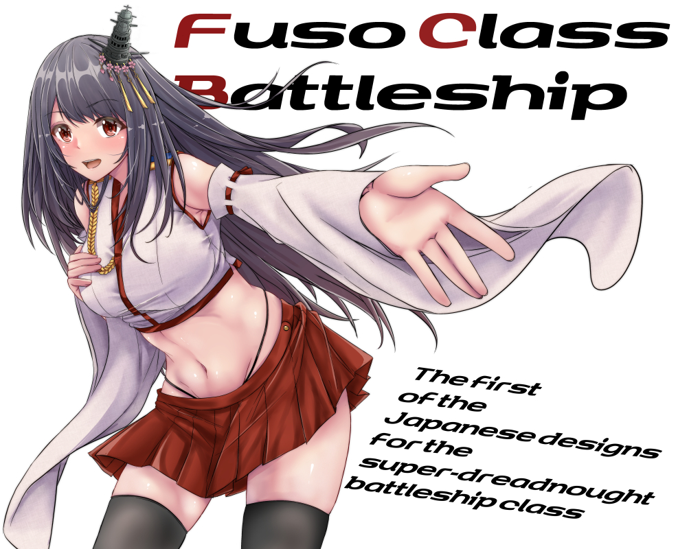 1girl adapted_costume aiguillette black_hair black_legwear black_panties blush breasts character_name commentary_request detached_sleeves english_text epaulettes eyebrows_visible_through_hair fusou_(kantai_collection) hair_ornament hand_on_own_chest highleg highleg_panties kantai_collection large_breasts long_hair midriff navel nontraditional_miko open_mouth outstretched_arm panties red_eyes shohei_(piranha5hk) teeth thigh-highs underwear