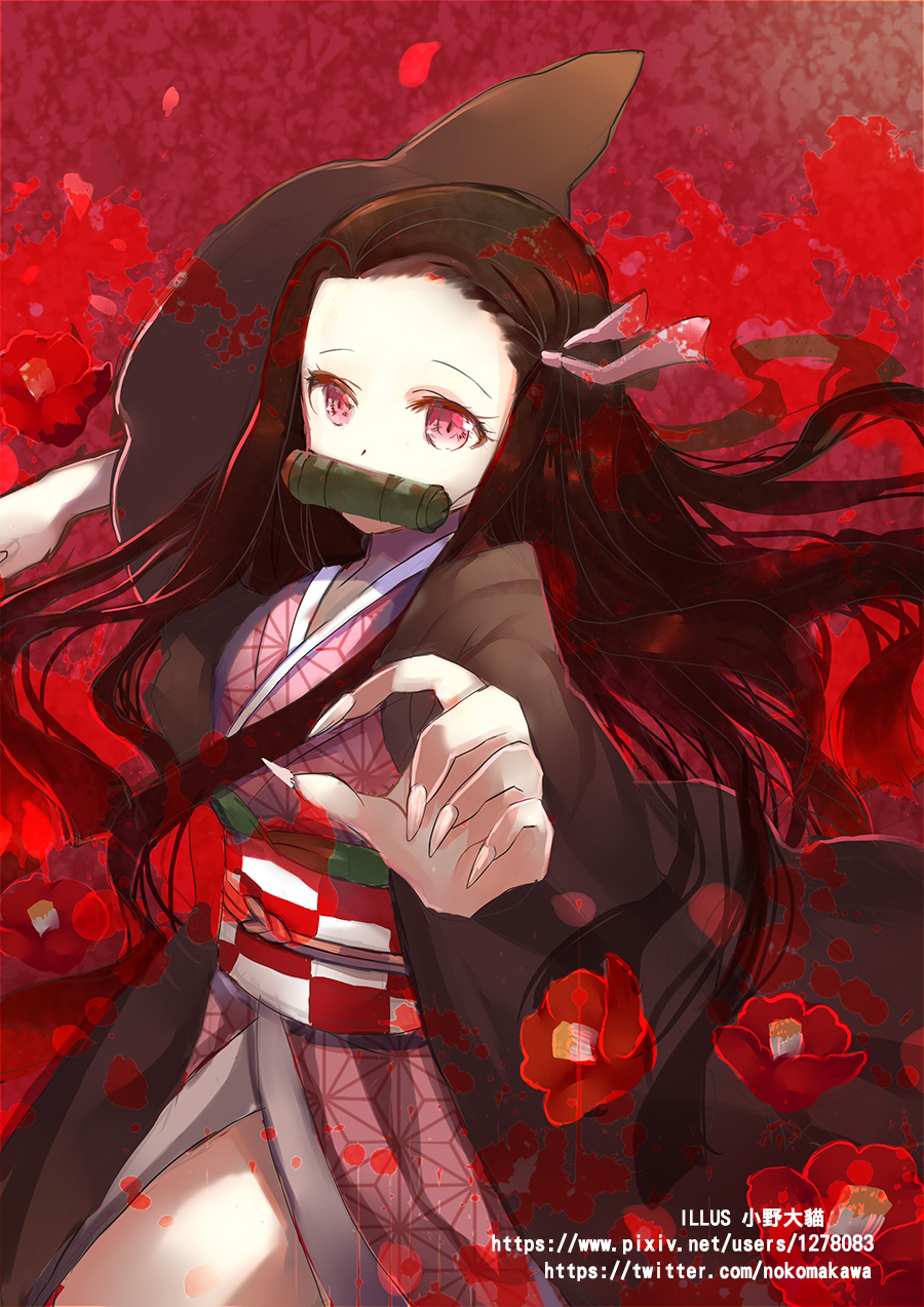 1girl bangs black_hair checkered commentary_request fingernails flower forehead hair_ribbon highres japanese_clothes kamado_nezuko kimetsu_no_yaiba kimono long_fingernails long_hair long_sleeves looking_at_viewer lunacats obi open_clothes parted_bangs pink_kimono pink_ribbon red_eyes red_flower ribbon sash sharp_fingernails solo very_long_hair watermark web_address wide_sleeves